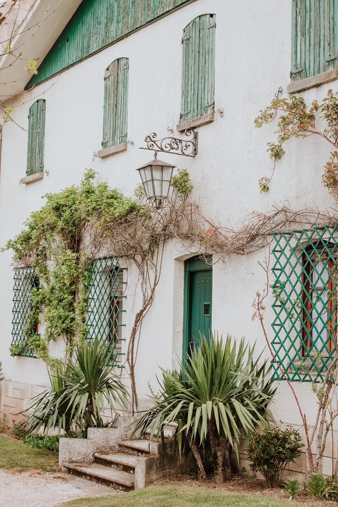 La fachada blanca con contraventanas verdes, un farol de hierro y enredaderas junto a la puerta